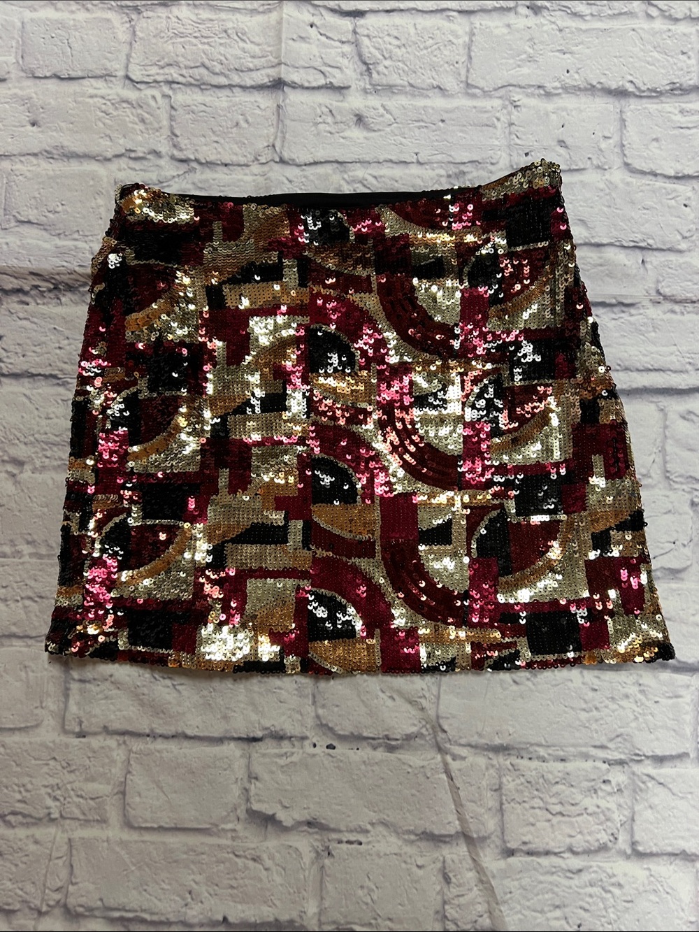 Geometric Sequin Mini Skirt in Gold, Black & Pink